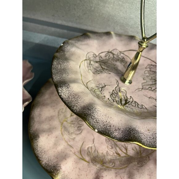VTG California Pottery #719 Pink Leaf Dish Gold Trim + MCM Pink Gold 2 Tier Tray - Picture 6 of 16